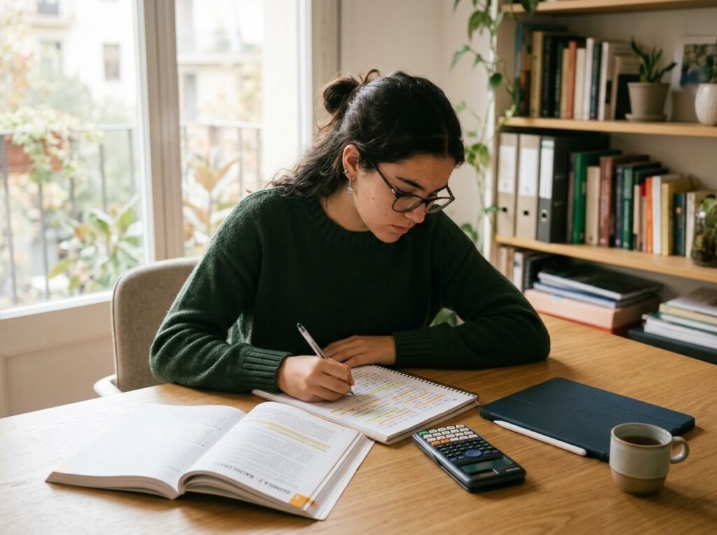 Estudiante de Bachillerato estudiando con apuntes y calculadora junto a una ventana