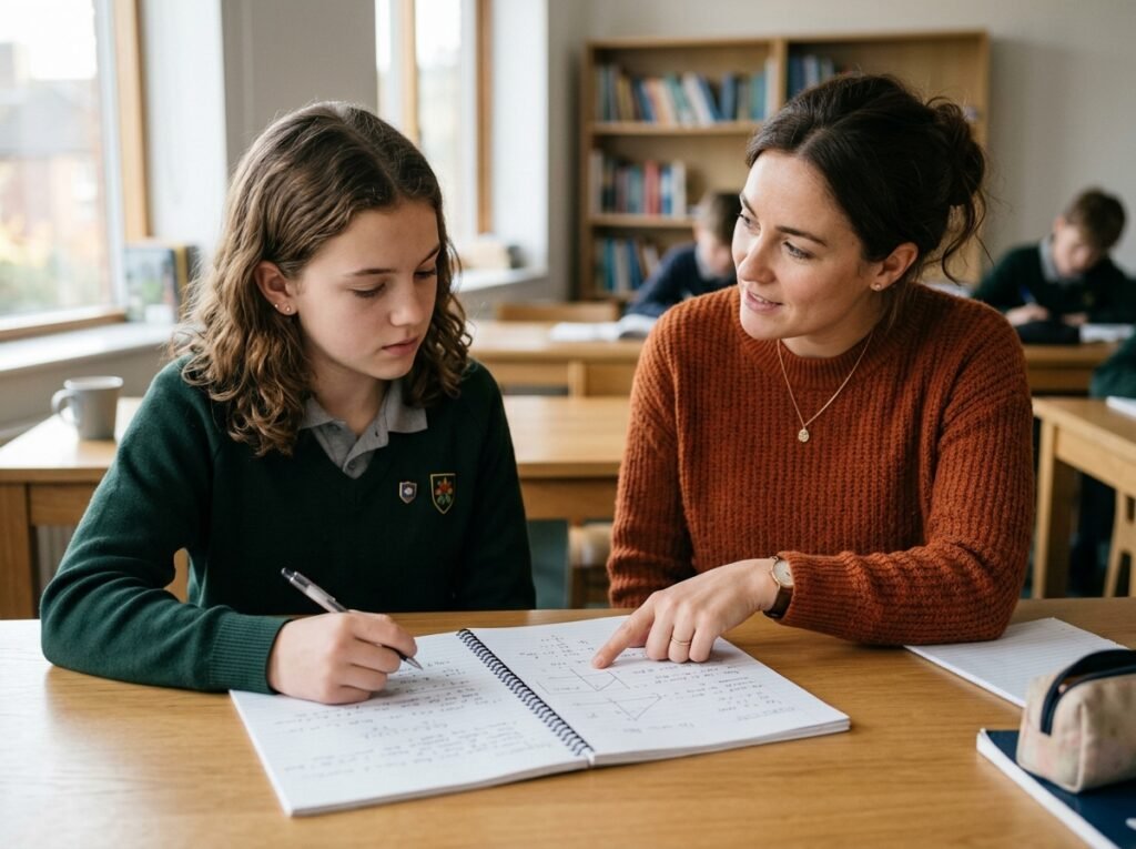 Profesora y alumna estudiando en una mesa